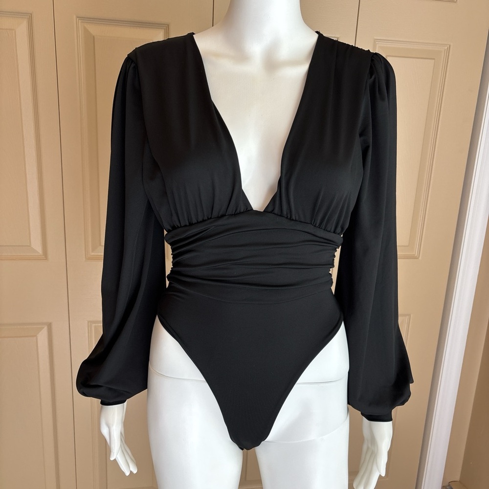Black, deep V silky bodysuit